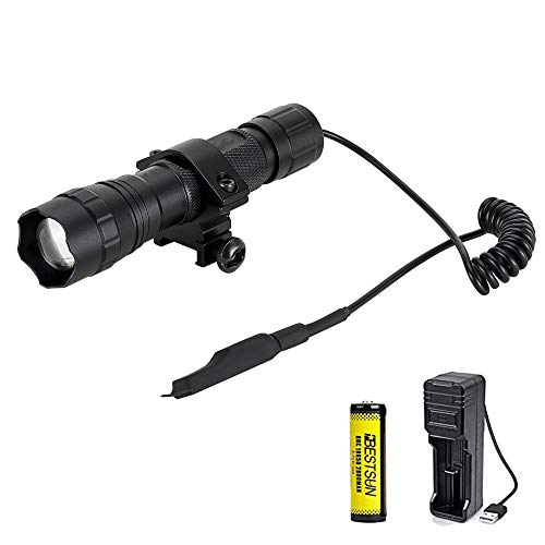 BESTSUN Lampe torche tactique 1300 lumens, Noir mat lampe de poche de chasse 1 mode torches puissantes avec interrupteur de pression, support pour lunette, batterie rechargeable et chargeur