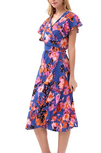 Image of Women's Summer Wrap Maxi Dress Casual Boho Floral V Neck Short Sleeve Ruffle Hem Split Beach Long Dresses