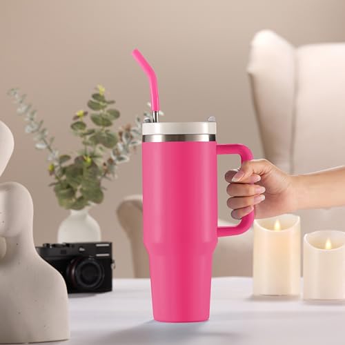 Image of KooK Stainless Steel Tumbler, with Straw and Handle, Leakproof, Vacuum Insulated Travel Coffee Mug, Reusable Double Walled Water Bottle, Keeps Hot or Cold, 40 oz, Bubblegum Pink