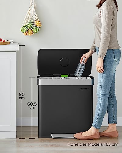 ‎SONGMICS Mülleimer Küche, 2 x 30 Liter, Mülltrennsystem, 2 Fächer, 15 Müllsäcke, Abfalleimer aus Edelstahl, Inneneimer aus Kunststoff, mit Deckel, Softclose, 58,2 x 31,5 x 60,5 cm, schwarz LTB202B01