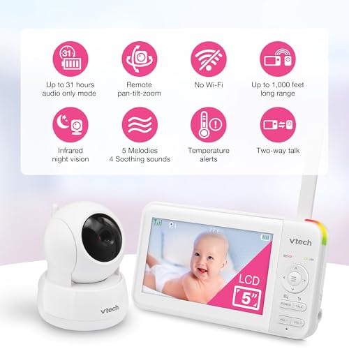 Image of VTech Baby Monitor No WiFi- See Every Corner of the Nursery, Remote Pan-Tilt-Zoom, Hack-Proof, 5 inch Screen, 17Hr Battery, 1000ft Range, Night Vision, Temperature Sensor | 924W