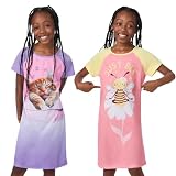 Saint Eve Kids Girls 2 Pack Nightgown Sleep Dress - Lightweight Kids Night Gown Sleepwear - Long Sleeve & Short Sleeve Pajama Set Options, Peach Bee Purple Cat, Medium