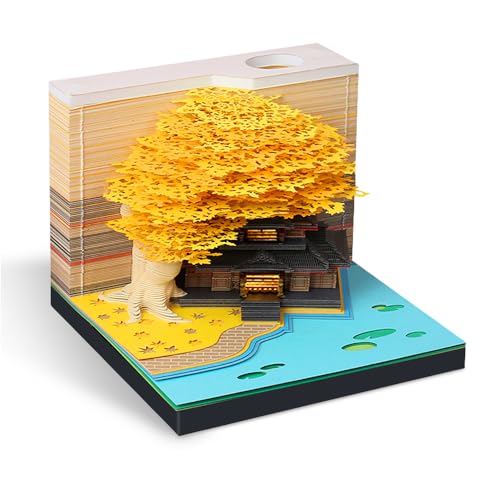 CLIUNT Schreibtisch Kalender mit LED Lichtern, 3D Kalender Abreißen 2026, Schreibtisch 3D Memo Pad Papier, 3D-Notizblock, Tischkalender-Notizblock, 3D Memoblock Papier Schloss Kunst(Gelb)