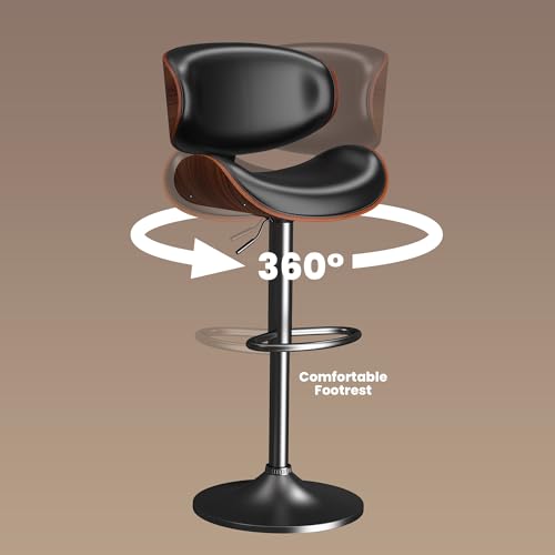 Image of YaFiti Bar Stools Set of 3, Barstools for Kitchen Island with Bentwood Back and Leather Seat, Swivel Stools for Kitchen Counter, Bar, Pub, Black