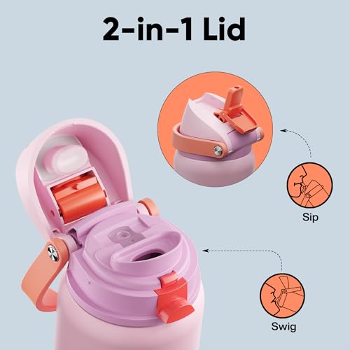 Image of Insulated Water Bottle with Straw - Encool Stainless Steel Water Bottle with Push Button Lid, Leak-Proof & BPA-Free, Keeps Cold for 24 Hours for Sports, Travel, Gym (40 oz, Lily-Red)