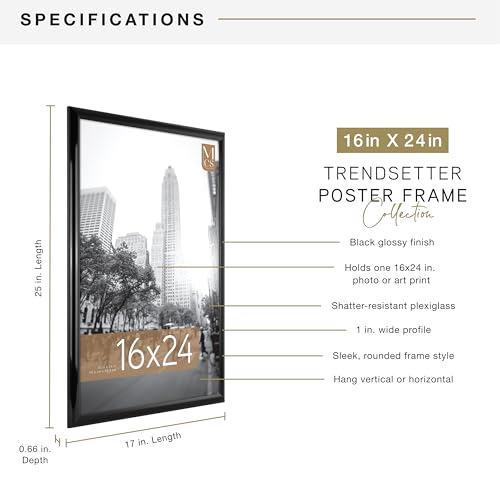 MCS Trendsetter 16x24 Poster Frame Black High-Gloss, Vertical & Horizontal Wall Hanging Large Picture Frame for Photos, Posters & Art Prints (1-Pack)
