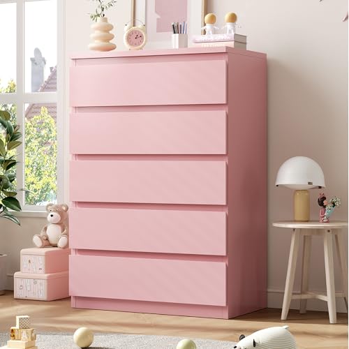 Jocoevol Pink 5 Drawer Dresser for Bedroom 15 D x 23.7 W x 40.4 H in Simply Chest of Drawers Wood Storage Dresser with Drawers for Living Room Hallway Entryway Pink