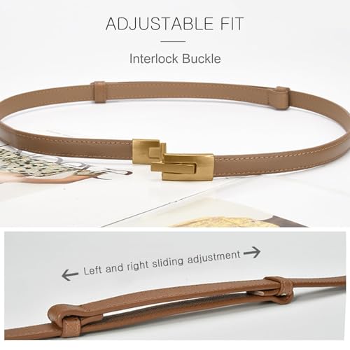 Women Skinny Leather Belt Solid Color Vintage Metal Interlock Buckle Adjustable Thin Waist Belt4