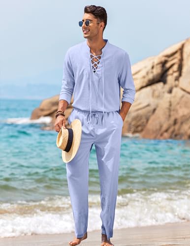 COOFANDY Men's 2 Piece Linen Set Long Sleeve Henley Shirts Casual Beach Pants With Pockets Summer Yoga Outfits3