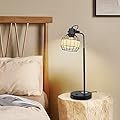 DLLT Industrial Black Table Lamp, 2 USB Ports Adjustable Head Desk Lamp, Modern Metal Nightstand Lamp with Rattan Shade, USB Bedside Lamps for Living Room Bedroom Office, E26 Bulb Included