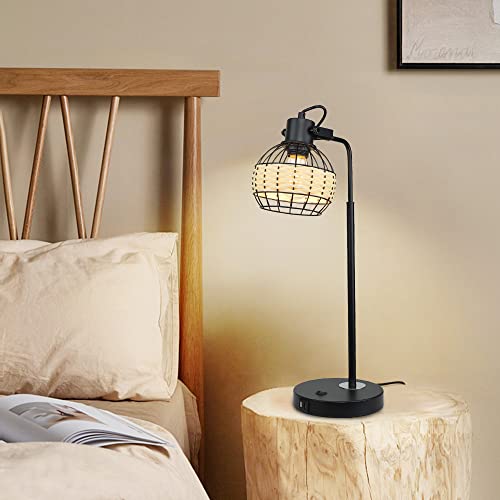 Dllt Industrial Black Table Lamp, 2 Usb Ports Adjustable Head Desk Lamp, Modern Metal Nightstand Lamp With Rattan Shade, Usb Bedside Lamps For Living Room Bedroom Office, E26 Bulb Included #TOP6