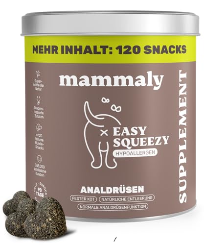 9 in 1 Analdrüsen Leckerli für Hunde mit Ballaststoffen - Easy Squeezy 120 Snacks (350g) von mammaly - gegen verstopfte Analdrüse - für festen KOT und natürliche Analdrüsenentleerung für deinen Hund