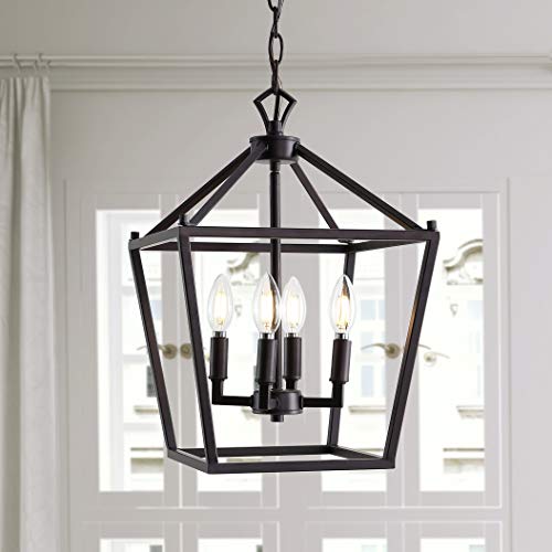 Image of JONATHAN Y Pagoda 4-Light Pendant 12 inch Cage, Oil Rubbed Bronze | Traditional Metal Farmhouse Hanging Lantern Ceiling Fixture, Adjustable Chain Link, For Kitchen Island, LED Bulb Included