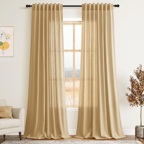 Image of Extra Long Gold Yellow Linen Curtains 120 Inch for Living Room 2 Panels Set Rod Pocket Back Tab Linen Window Drapes Semi Sheer Light Filtering Privacy High Ceiling Drapes for Farmhouse 52x120
