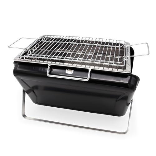 RIN & RUT Tragbarer Holzkohlegrill klappbar – Kompakter Design BBQ-Grill wie ein Koffer – Mit Belüftung, 2-stufigem Edelstahlrost & faltbarem Gehäuse – Ideal für Balkon, Camping & Reisen