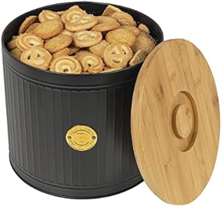Homiu Bread Bin with Bamboo Lid, Black and Wooden Bread Box Round, Kitchen Corrosion-Resistant Carbon Steel, Lid Doubles as Cutting Board, Essential Storage Set