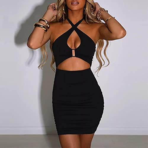 SHESEEWORLD Women's Sexy Club Sleeveless Halter Neck Ruched Bodycon Mini Party Dress Clubwear - Image 2