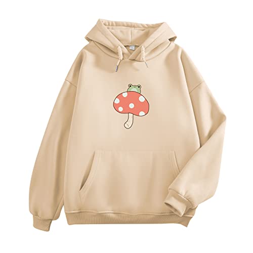 Keevici Women Cute Frog Sweatshirt Kawaii Mushroom Hoodie For Teen Girls Aesthetic Cottagecore Clothes Animal Print Hoodies #TOP1