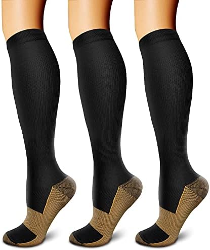 FEYHAY Copper Compression Socks (3 Pairs) 15-20 mmHg Circulation is Best Athletic & Daily for Men & Women, Running, Climbing (Small-Medium, 01 Black)