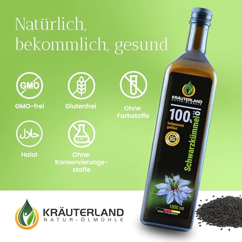 Kräuterland Schwarzkümmelöl 1000ml (1Liter), Gefiltert, Kaltgepresst, 100% Nigella Sativa, ohne Zusatz von Aromen, Frabstoffe & Konservierungsstoffe - direkt aus unsrer hessischen Ölmühle
