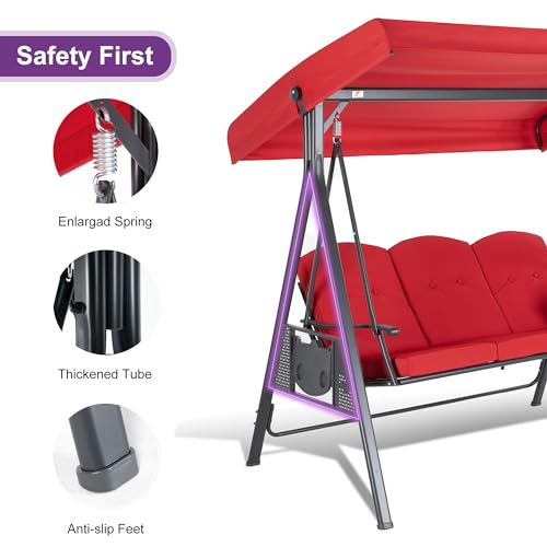 Image of PURPLE LEAF Outdoor Patio Porch Swing with Stand, 2-seat Swing Chair with Adjustable Tilt Canopy All-Weather Steel Frame for Backyard Front Porch Lawn, Cushions and Pillow Included, Terra
