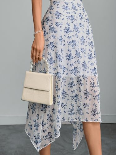 Image of GothDark Women Summer Wedding Guest Floral Mesh Irregular Hem Midi Dress | A-Line, Short Sleeve, Sheer Mesh Overlay, Elegant Vintage Dresses For Party, Semi Formal, Vacation, Dinner, Church