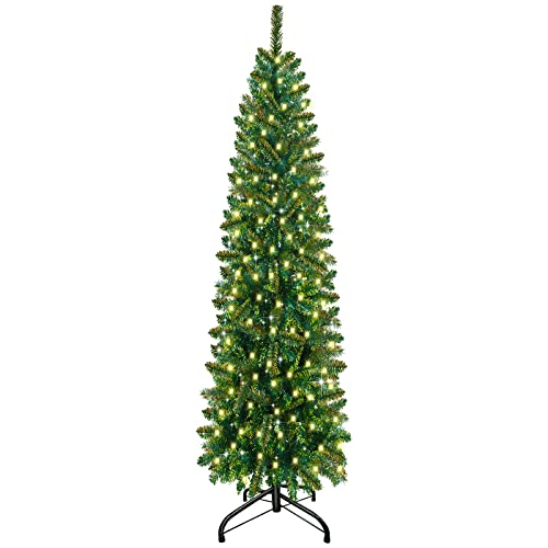 6 Feet Artificial Slim Christmas Tree, 240 LED Warm Lights, 658 Branch Tips, Fire-Resistant, UL Plug, Metal Stand, Hinged Pencil Xmas Tree Christmas Decorations Indoor Outdoor