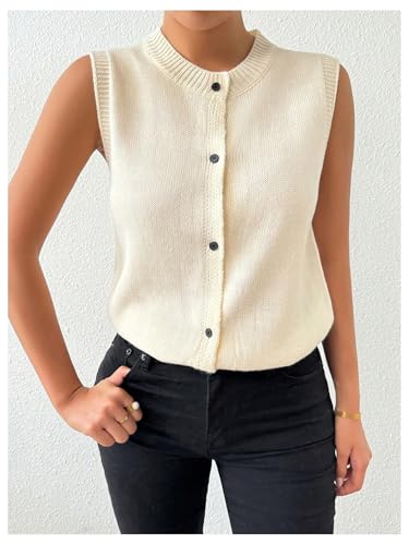 Image of SweatyRocks Women's Button Up Sweater Vest Crew Neck Sleeveless Knit Vest Tops Beige Small