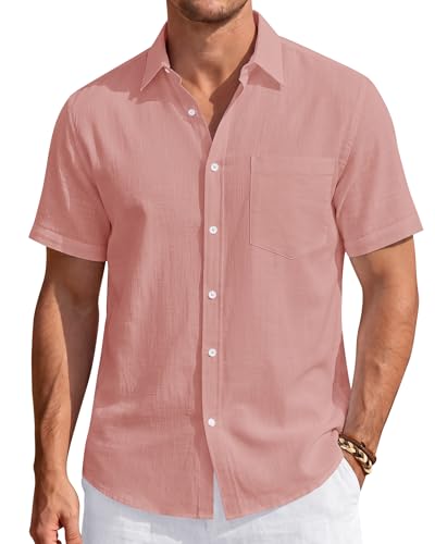 Image of J.VER Mens Linen Shirt Short Sleeve Button Down Casual Summer Shirts | Cotton Linen, Untucked, Big Tall, from Beach Camp Vacation, Cruise Fishing, Work Office, to Wedding Party Family, with Pocket