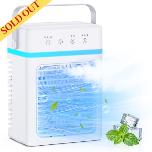 Mini Klimaanlage Mobil 900ML Wassertank Mobiles Klimagerät 3 Windmodi & 2 Nebelstufen Luftkühler mit Wasserkühlung mit USB Timer-Funktion (2-6H) Farbiges Nachtlicht Leiser für Zuhause und Im Büro