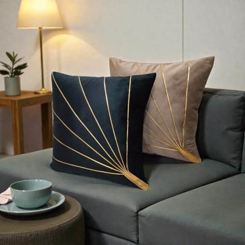 Image of Home Velvet Cushion Cover with Golden Stripes, Aqua Pack of 5, 16x16 to 26x26 Inch (Mouse /Black, 16x16in)