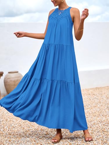 Image of BTFBM Halter Summer Dresses for Women 2026 Casual Spring Hollow Out Sleeveless Boho Sundresses Beach Vacation Maxi Dress