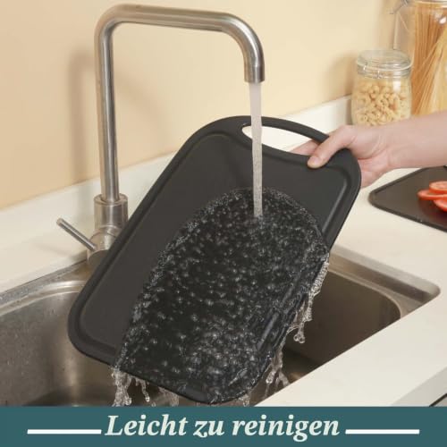 Foto von Schneidebrett , Hunnycook 3-tlg Set mit Saftrillen und rutschfeste Griffe, Antibakteriell Frühstücksbrettchen kunststoff Schwarz, BPA-frei, Spülmaschinenfest