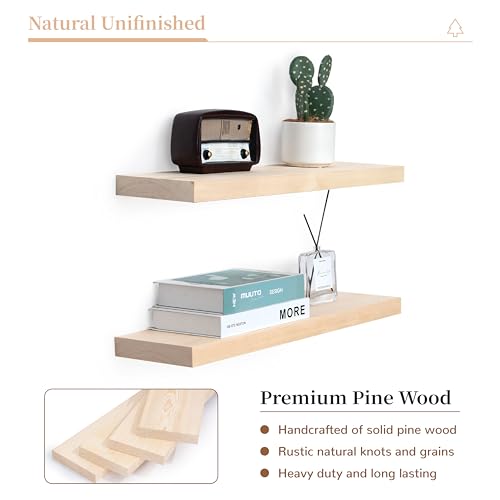 Image of Marsmiles Natural Wood Floating Shelves | 24 Inch Unfinished Wood Wall Shelves Set of 2 | 24 inch W x 6.7 inch D Rustic Wooden Shelves for Bathroom Kitchen Living Room Bedroom