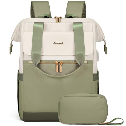 Image of LOVEVOOK 17.3 Inch Laptop Backpack for Women, Large Capacity Travel Backpack with Organizer Bag,Waterproof Carry on Backpack Work Bag with USB Port,Teacher Nurse Backpack Purse,2PCS,Beige-Bean Green
