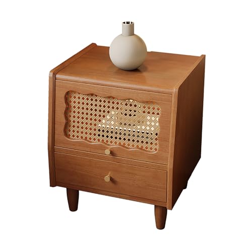Comodino in legno con 2 cassetti portaoggetti in ratten e ante in vetro color ciliegio armadio laterale per camera da letto