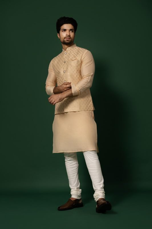 Image of KISAH Men Printed Kurta Jacket Set, Full Sleaves, Knee Length, Straight, Regular Fit, Mandarin Collar Ethnic Wear