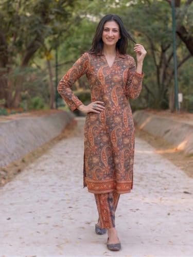 Image of ANNI Designer Co Ord Set for Women Viscose Printed | Kurti Set for Woman | Straight Kurta Pant Co Ord Set | 2 Piece Set Women | 3 /4 Sleeve V-Neck Suit Set Stylish Ethnic Outfit Clothing