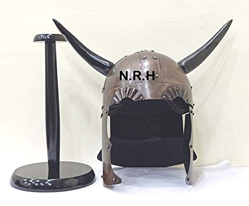 Medieval Armour Viking Helmet Horn & Display with Wooden Stand Reenactment Antique Knight Halloween Costume