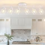 Baocuz 6-Lights White Semi Flush Mount Ceiling Light with Geometric Metal Cage, Modern Kitchen Track Lighting Fixtures Ceiling, Rotatable Close to Ceiling lamp for Entryway, Living Room, Hallway