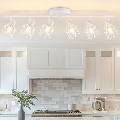Baocuz 6-Lights White Semi Flush Mount Ceiling Light with Geometric Metal Cage, Modern Kitchen Track Lighting Fixtures Ceiling, Rotatable Close to Ceiling lamp for Entryway, Living Room, Hallway