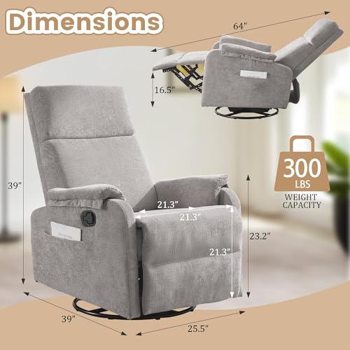 Image of Korser Recliner Chair, Swivel Rocking Recliner Chair for Adults, Glider Rocking Chair, Small Nursery Chair Recliner for Living Room, Reclining Chair with Modern-Designed Armrests, Chenille, Grey