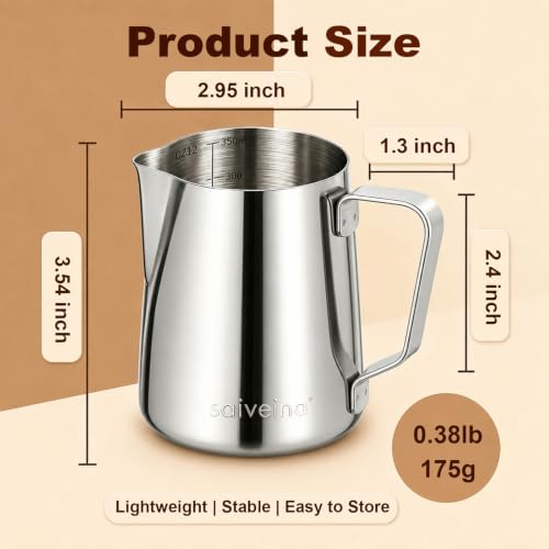 Image of Saiveina Milk Frothing Pitcher, 12oz Milk Frother Cup Stainless Steel | Espresso Milk Pitcher, Milk Steamer Cup, Milk Jug, Milk Frother Pitcher, Milk Frothing Cup with Handle for Cappuccino Coffee