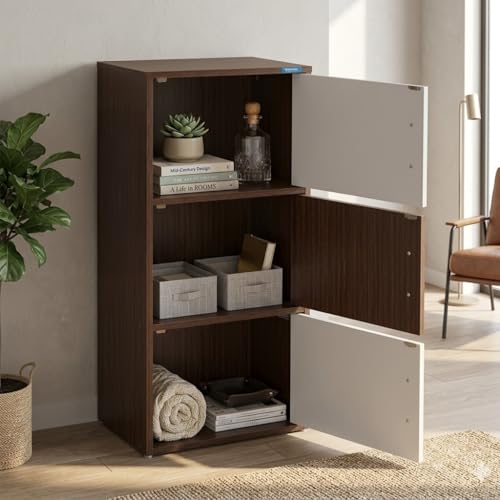 Image of Nilkamal Sear Plus 3 Tier Wooden Free Standing Storage Cabinet | Engineered Wood | Multipurpose Storage Organizer for Clothes, Books, Toys | Legno Oak /Frosty White