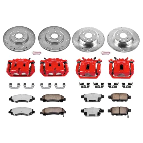 Image of PowerStop Front and Rear Brake Kit for INFINITI FX50 2009-13 |M35h 2013 |M37 2011-13 |M56 2011-13 - Carbon-Fiber Ceramic Brake Pads + Drilled & Slotted Rotors + Red Powder Coated Calipers, KC5823