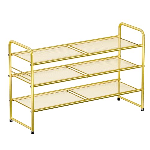 Image of Mesh Shoe Rack, Closet Metal Shoe Organizer Shelf Heavy Duty, Gold | 3-Tier 33 inch Wide Shoe Storage Stackable for Entryway