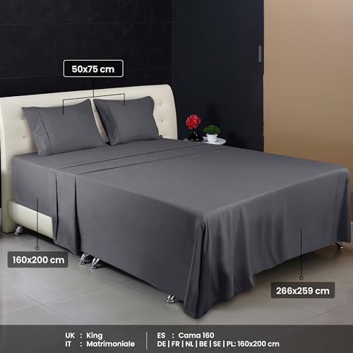 Image of Utopia Bedding 4-Piece Bed Sheet Set 160 x 200 cm, Grey - Polyester Microfibre, Oeko-Tex Certified, 1 Fitted Sheet 160 x 200 cm, 1 Flat Sheet 266 x 259 cm and 2 Pillowcases 50 x 75 cm