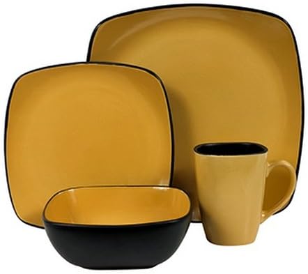 Corelle Hearthstone Stoneware Square 16-Piece Dinnerware Set, Service for 4, Turmeric Yellow