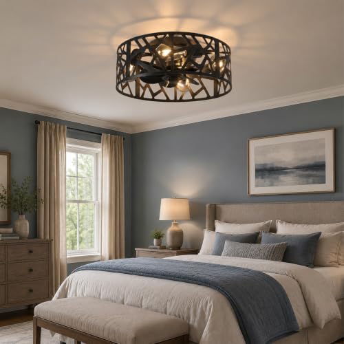 Image of 18 inch Caged Ceiling Fan with Light Vintage Black,Flush Mount Fandelier Ceiling Fan with Lights and Remote,Farmhouse Ceiling Fans for Bedroom, Kitchen, Living Room