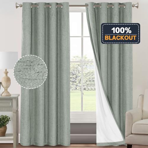 Image of PrinceDeco Linen 100% Blackout Curtains 84 Inches Length 2 Panels Set Grommet Curtains for Living Room Bedroom Thermal Insulated and Room Darkening Linen Curtains with White Liner,Green Bay,W42 X L84